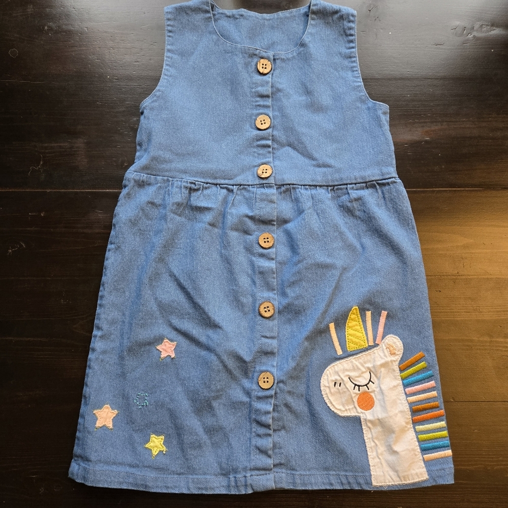 Embroidered Rainbow Unicorn Star Button Dress Toddler Girls 4Y 100% Cotton